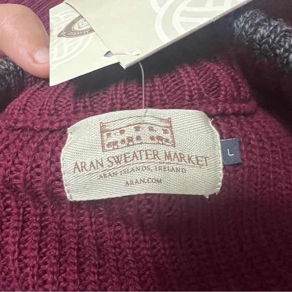 Aran sweater Men's Merino Wool Ribbed Cardigan size L claret - Picture 5 of 6